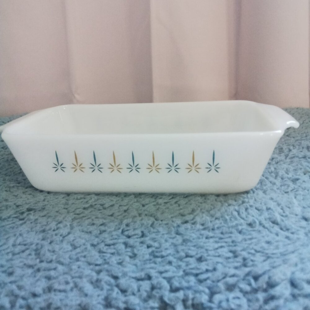 VINTAGE ANCHOR HOCKING FIRE KING CANDLE GLOW 1 1/2 QT PAN DISH STARBURST 432
